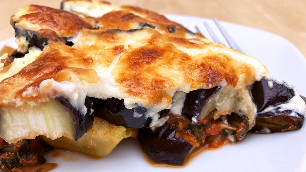 Vegetarian moussaka with eggplant and chard