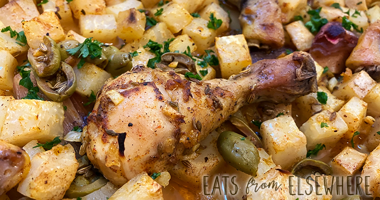 Moroccan chicken bake with celeriac, olives, & preserved lemon