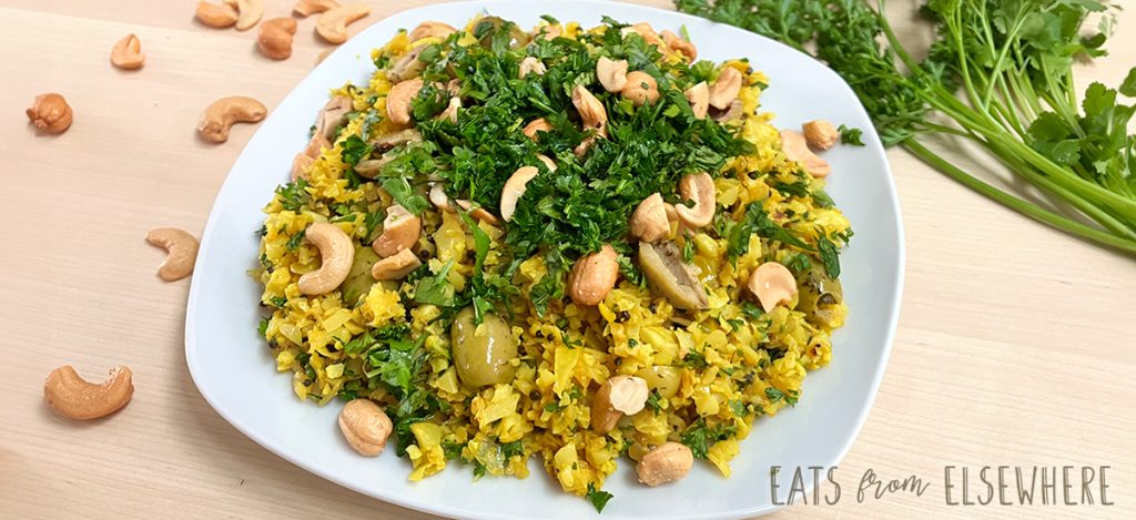 Indian Cauliflower Rice with Olives, Cashews, and Cilantro