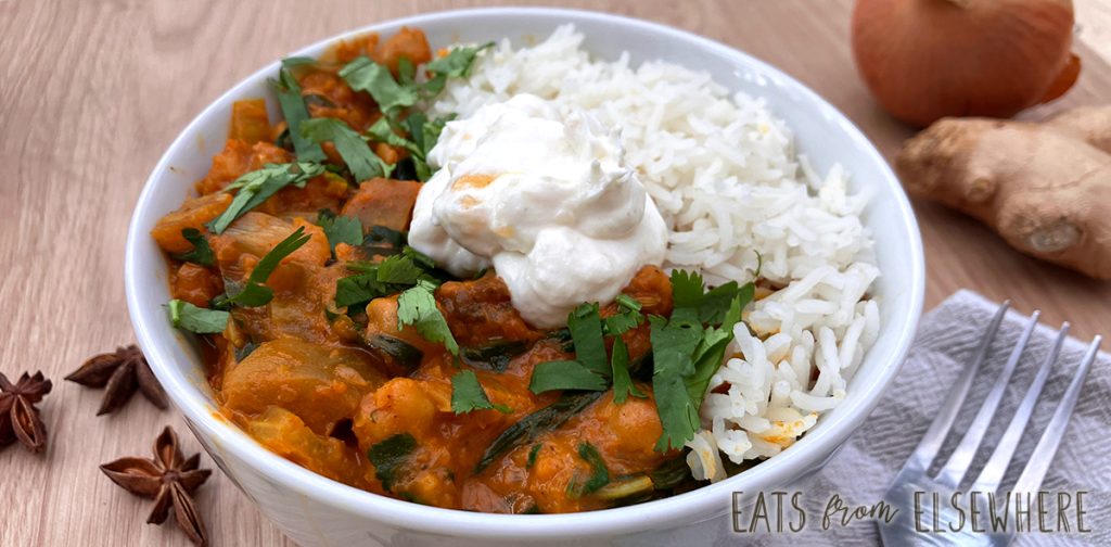 Chard curry with mango chutney yogurt