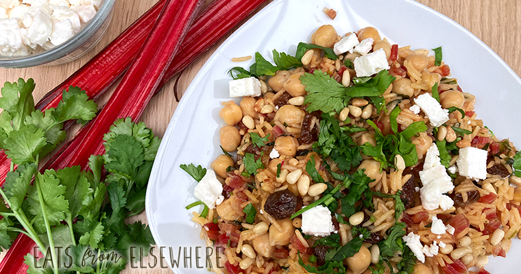 Middle Eastern rice pilaf with chard stems and chickpeas
