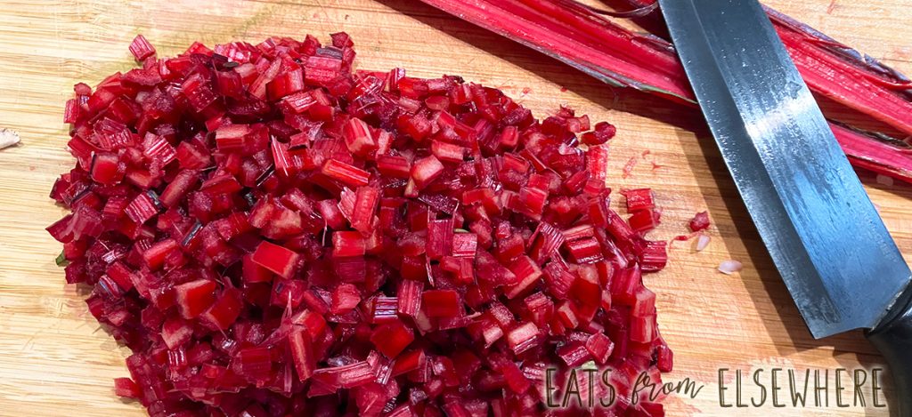 Chopped chard stems for Middle Eastern rice pilaf with chard stems and chickpeas