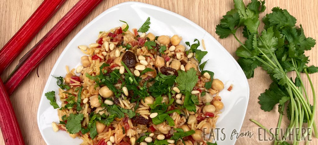 Middle Eastern rice pilaf with chard stems and chickpeas