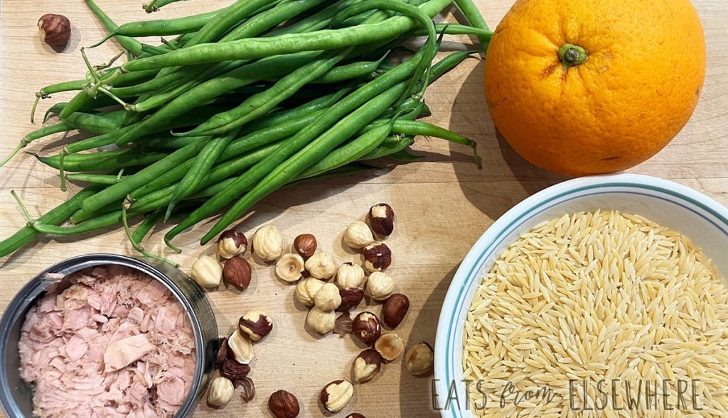some of the ingredients for orzo salad with tuna and green beans
