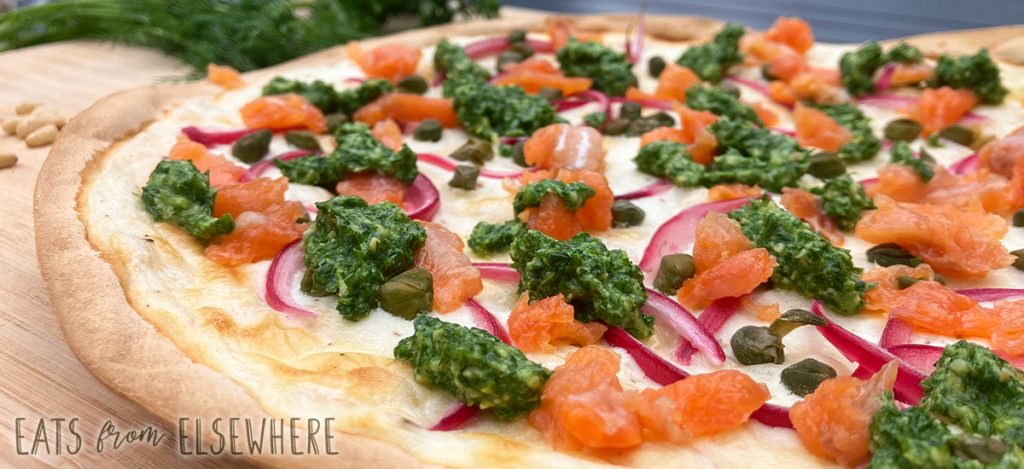 Close-up of smoked salmon tarte flambée
